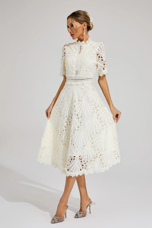 Astrid | Women's Elegant Lace Pattern Midi Dress