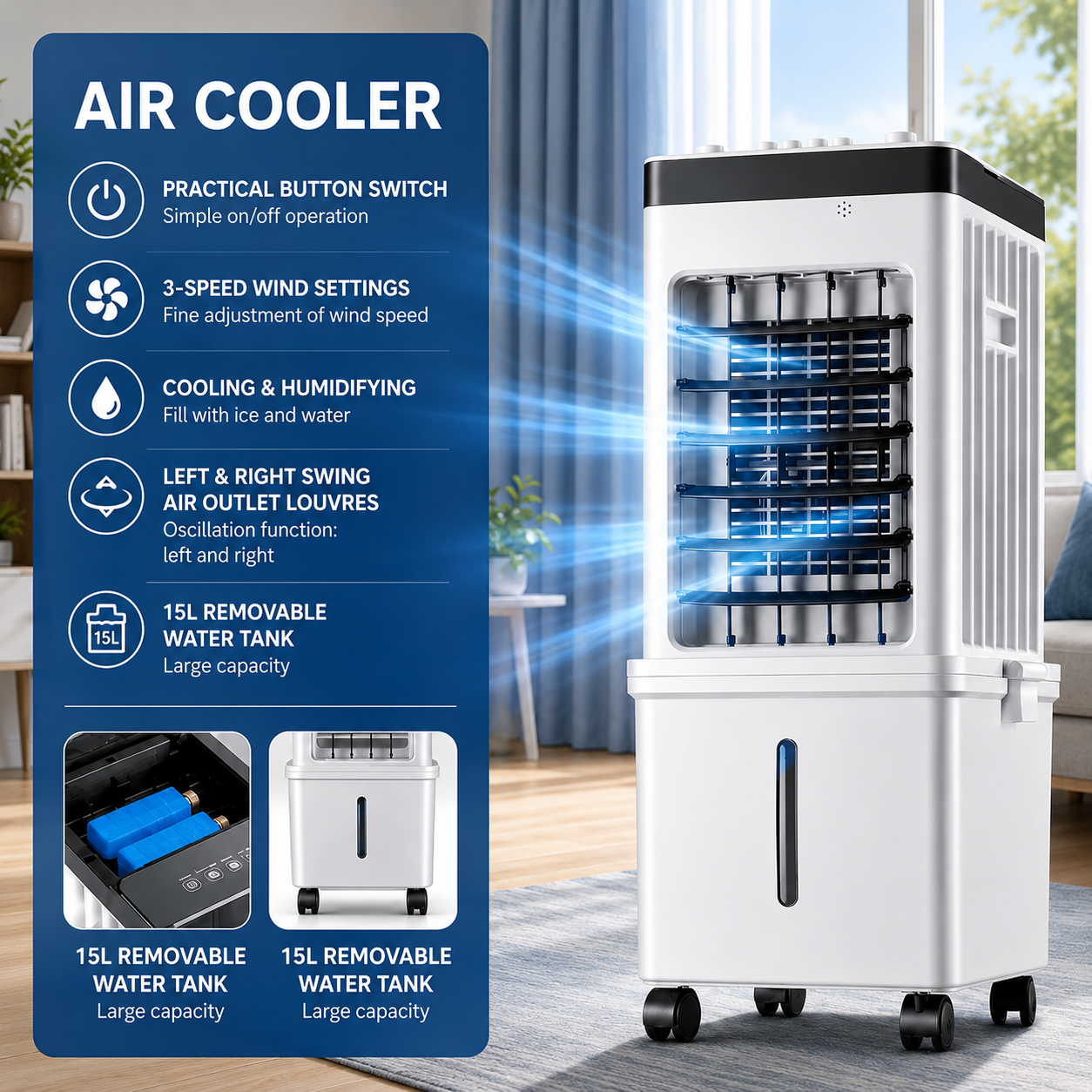 Portable Air Cooler Fan With Wheels | Air Conditioner Humidifier For Home Use