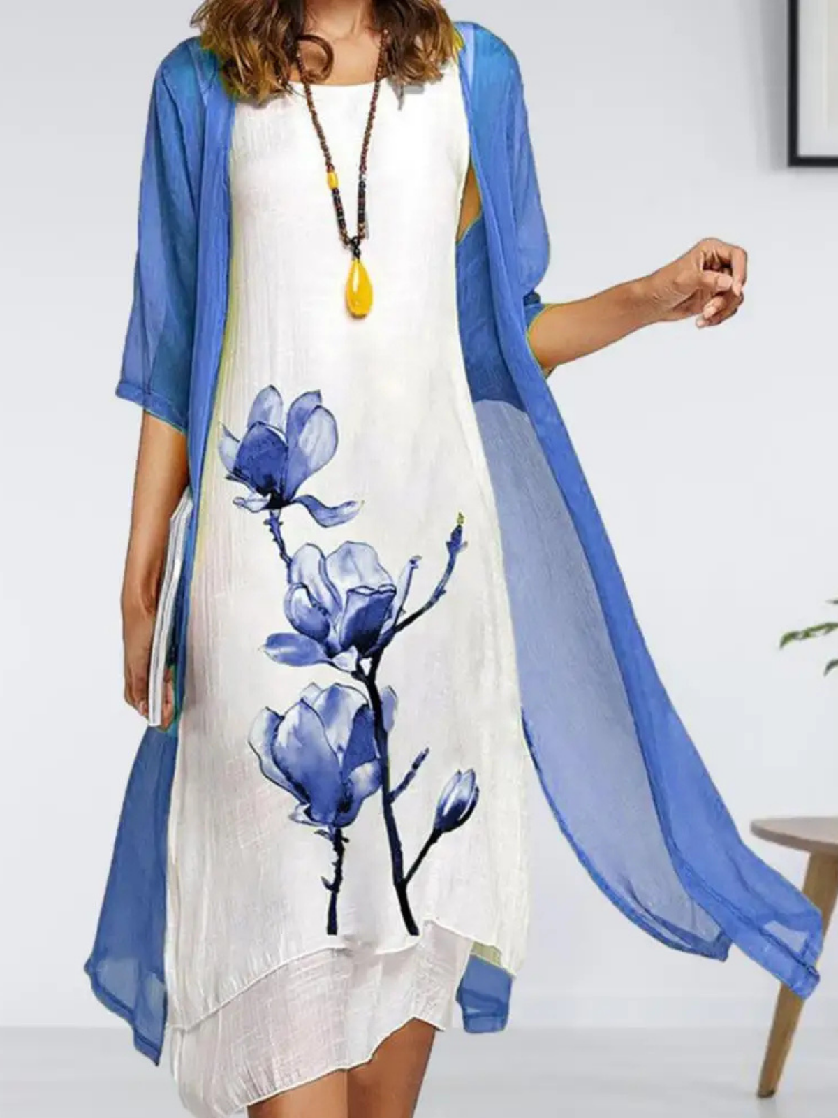 Petra | Women's Layered Sleeveless Midi Dress With Chiffon Cardigan Set