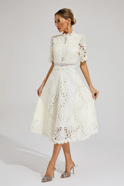 Astrid | Women's Elegant Lace Pattern Midi Dress