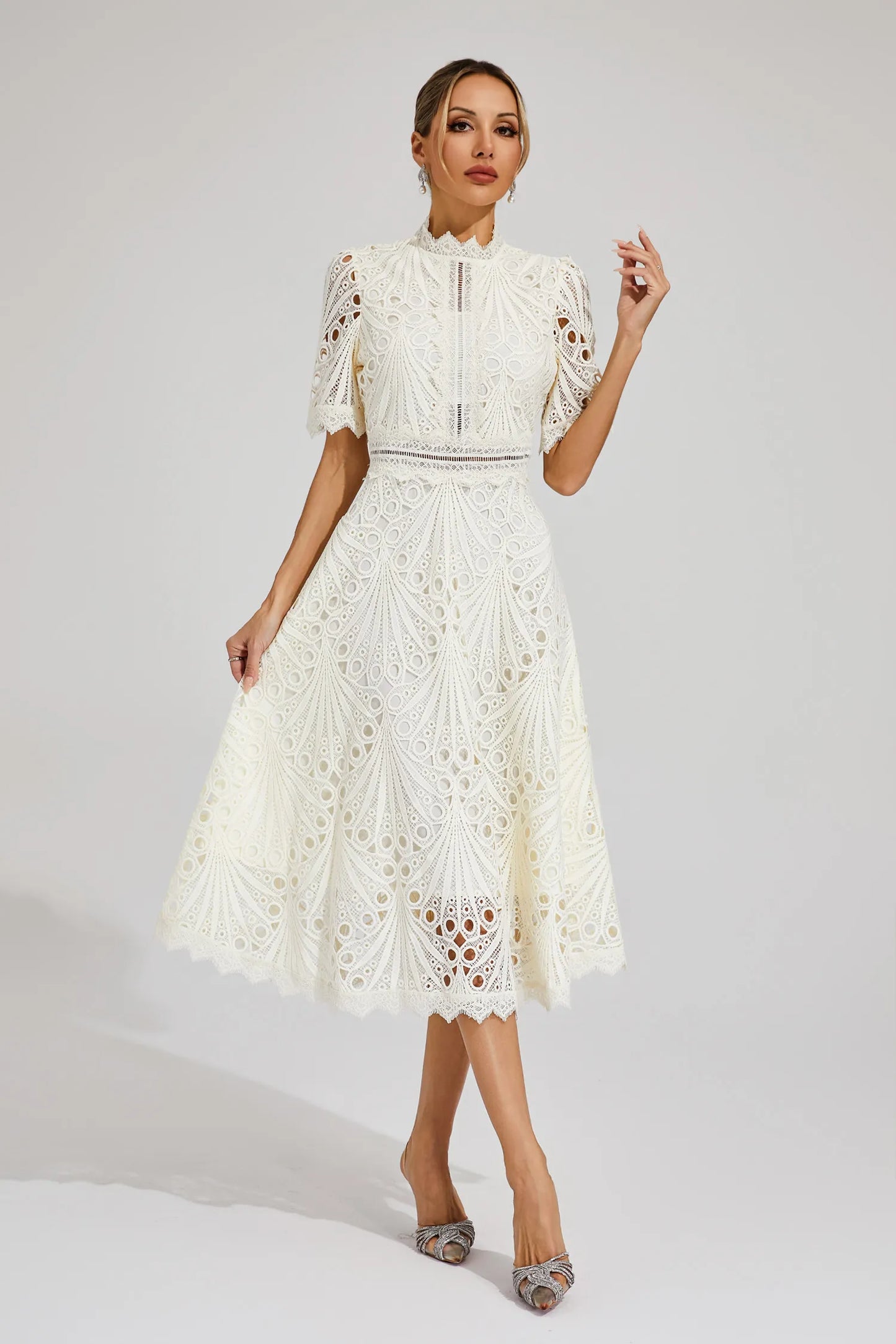 Astrid | Women's Elegant Lace Pattern Midi Dress