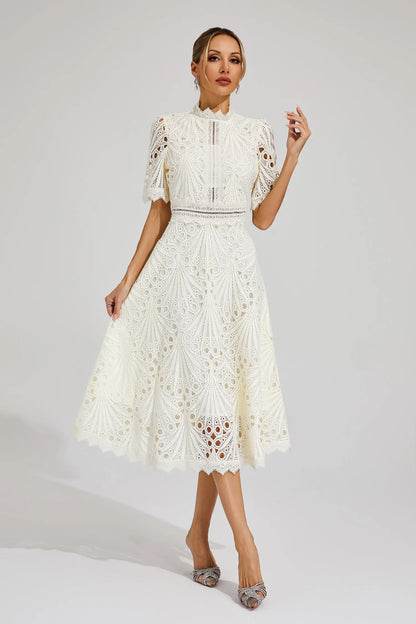 Astrid | Women's Elegant Lace Pattern Midi Dress