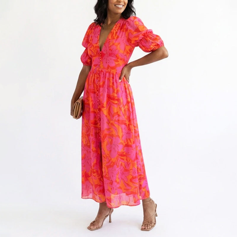 Zoe | Women's Elegant Puff Sleeve Floral Summer Dress