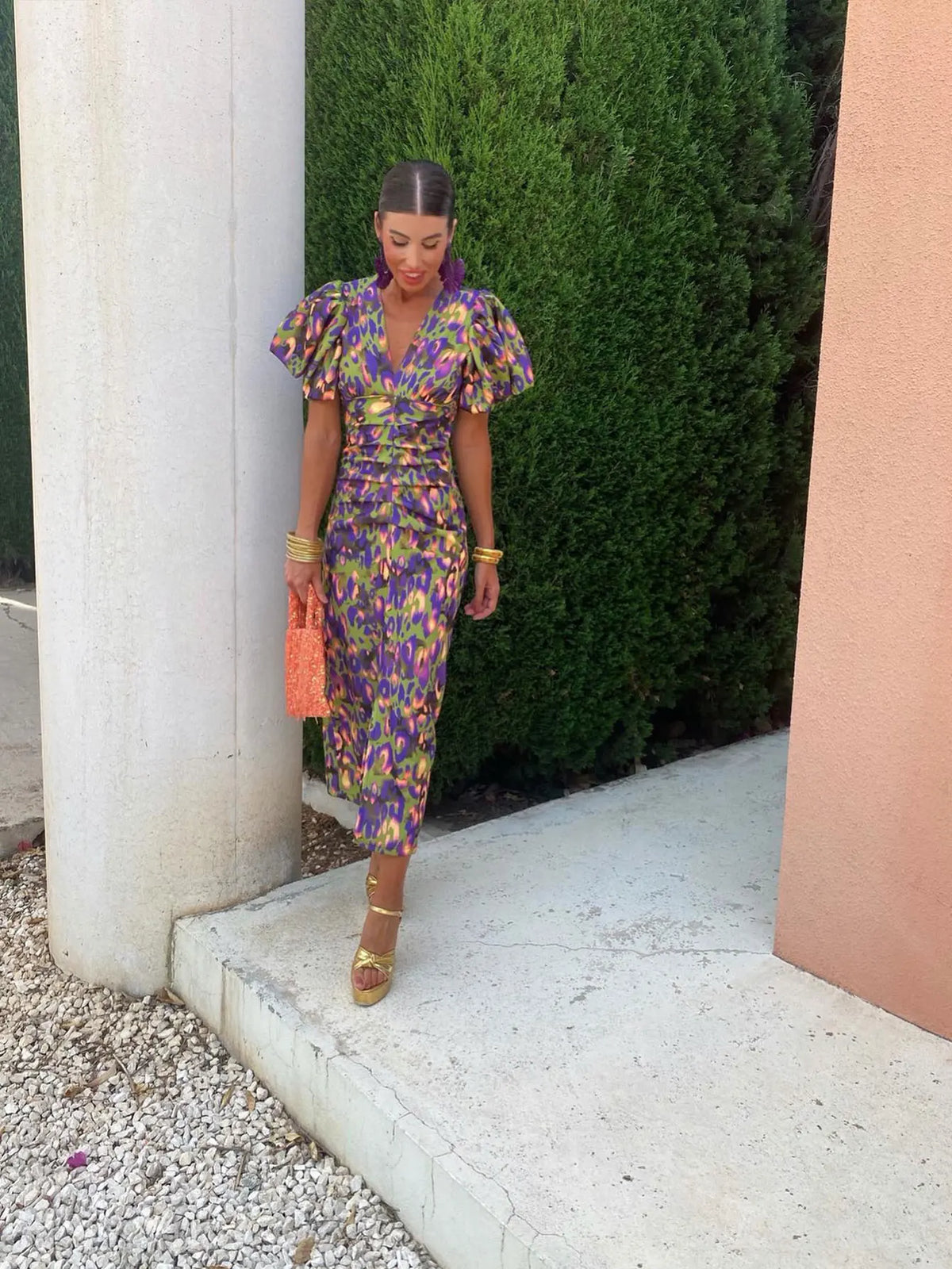 Cressida | Women Printed Midi Dress with Puff Sleeves and Tailored Waist