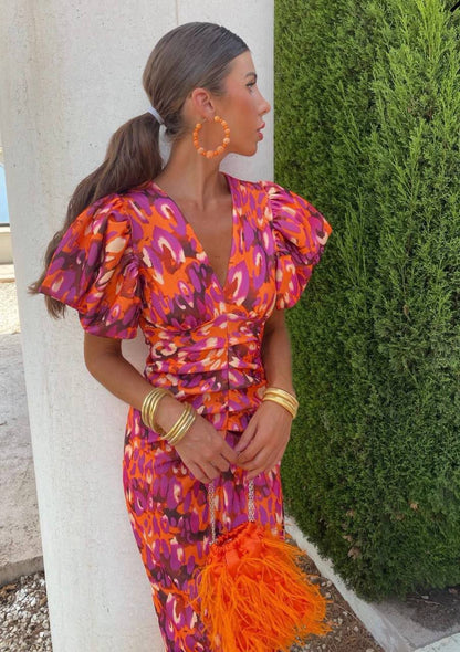 Cressida | Women Printed Midi Dress with Puff Sleeves and Tailored Waist