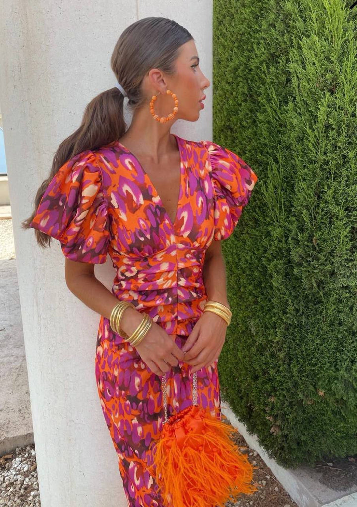 Cressida | Women Printed Midi Dress with Puff Sleeves and Tailored Waist