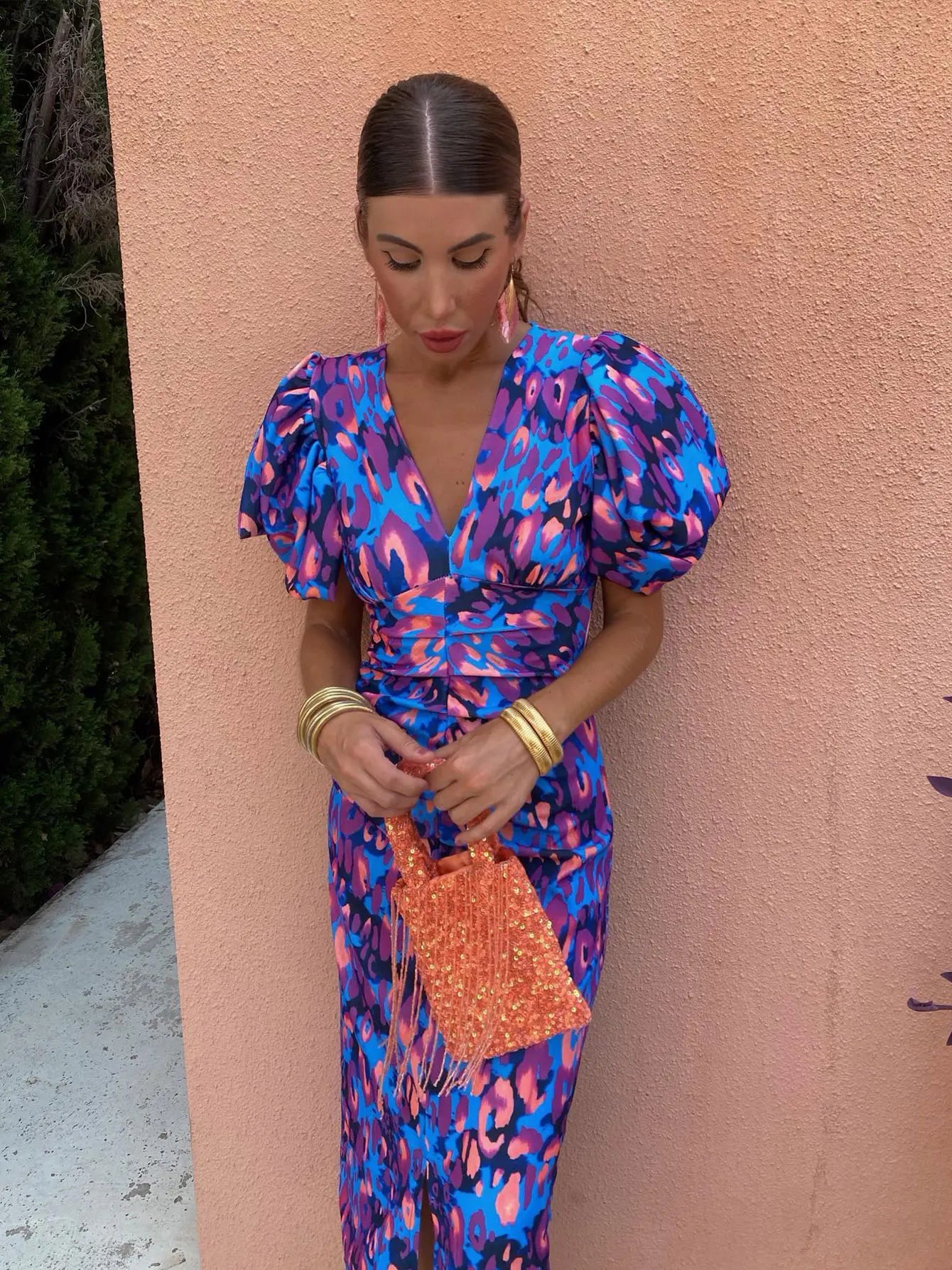 Cressida | Women Printed Midi Dress with Puff Sleeves and Tailored Waist