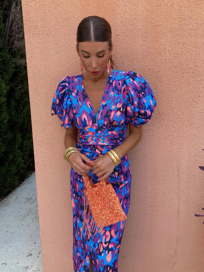 Cressida | Women Printed Midi Dress with Puff Sleeves and Tailored Waist