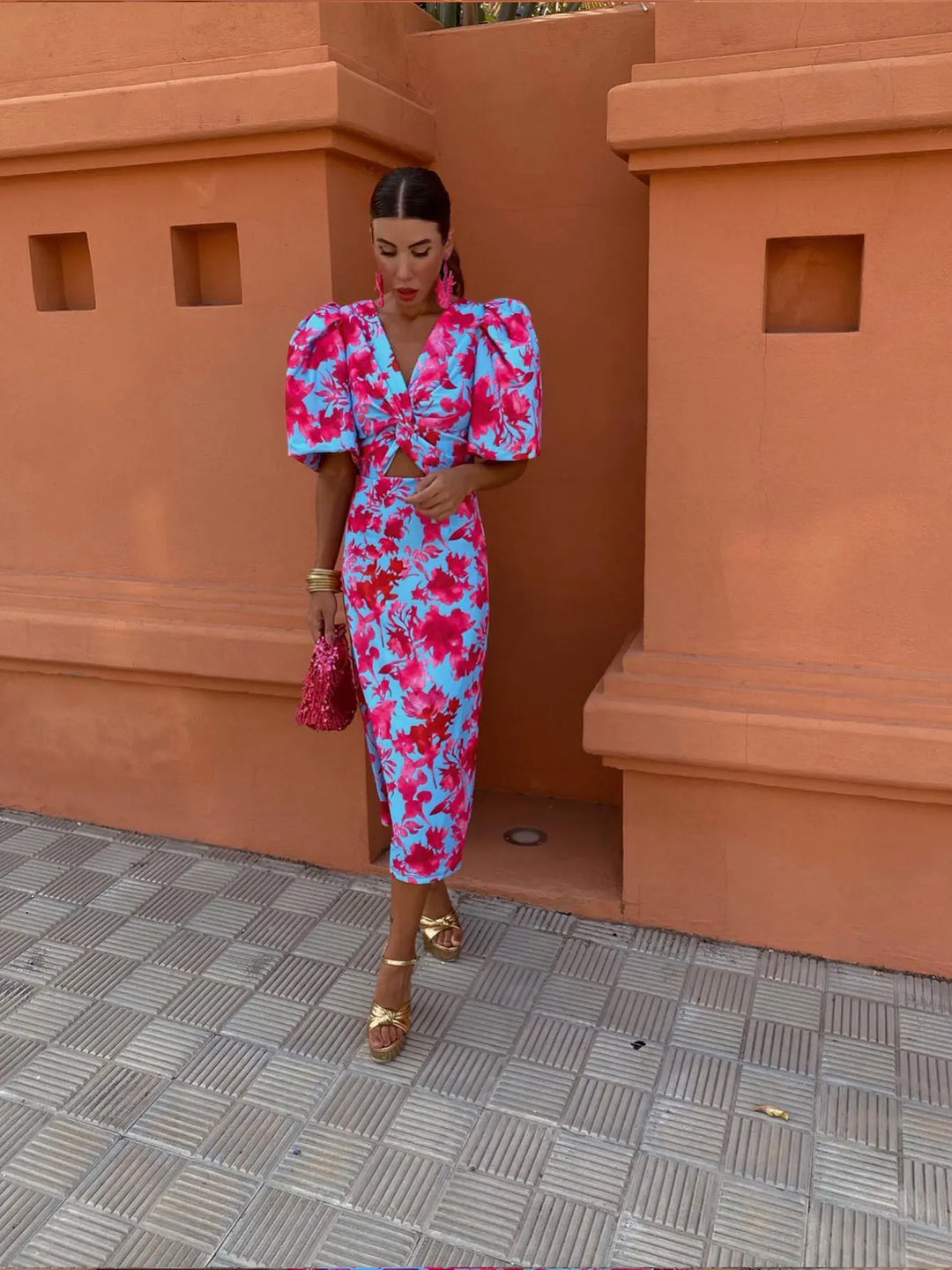 Cressida | Women Printed Midi Dress with Puff Sleeves and Tailored Waist