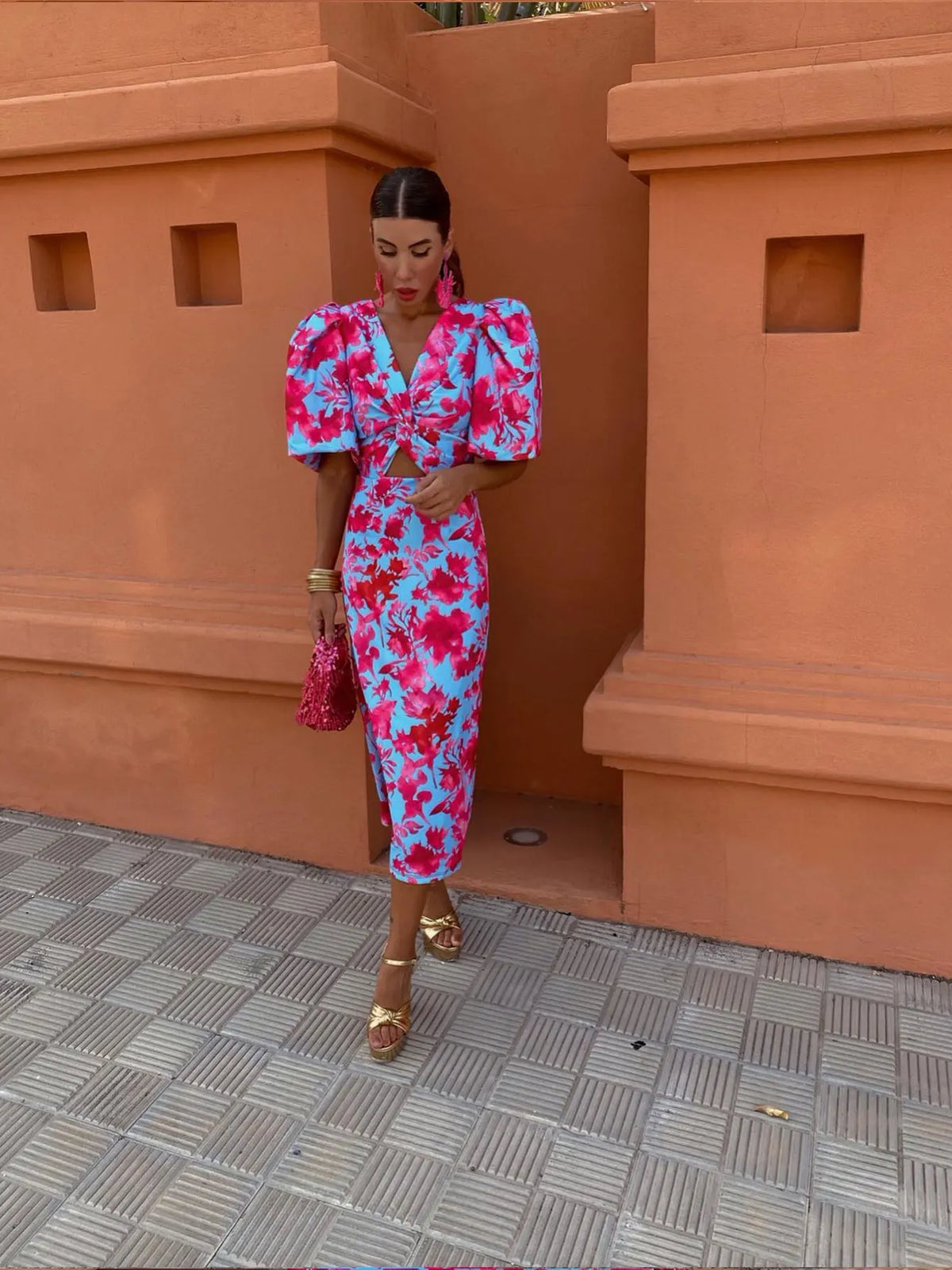 Cressida | Women Printed Midi Dress with Puff Sleeves and Tailored Waist