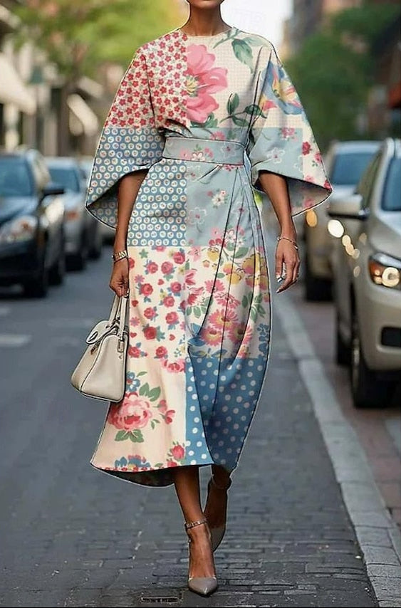 Zuzana | Women's Elegant Printed Midi Dress With Kimono Sleeves