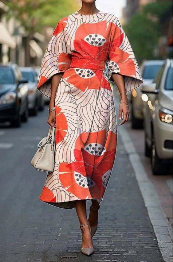 Zuzana | Women's Elegant Printed Midi Dress With Kimono Sleeves