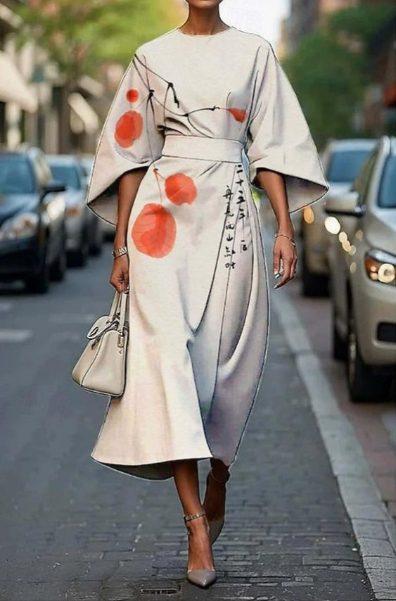 Zuzana | Women's Elegant Printed Midi Dress With Kimono Sleeves