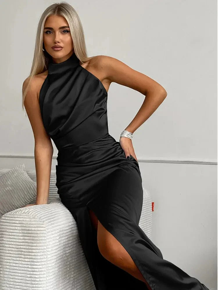 Zariyah | Women’s Elegant Satin Halter Neck Dress
