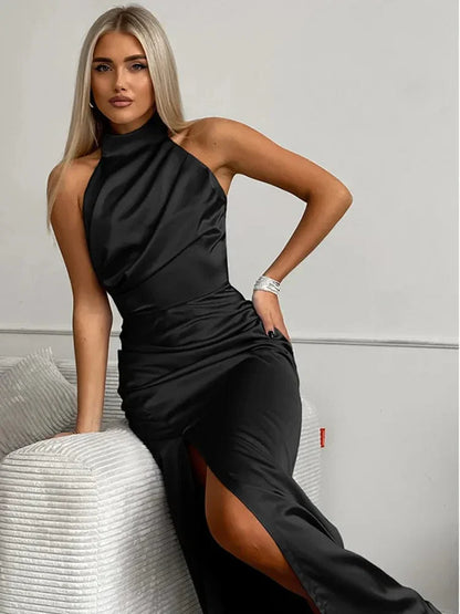 Zariyah | Women’s Elegant Satin Halter Neck Dress