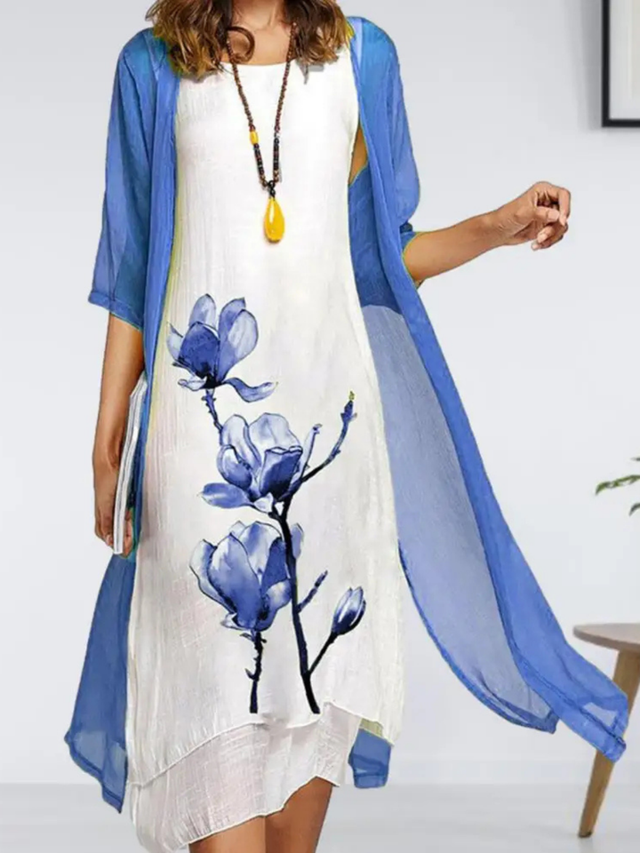 Petra | Women's Layered Sleeveless Midi Dress With Chiffon Cardigan Set