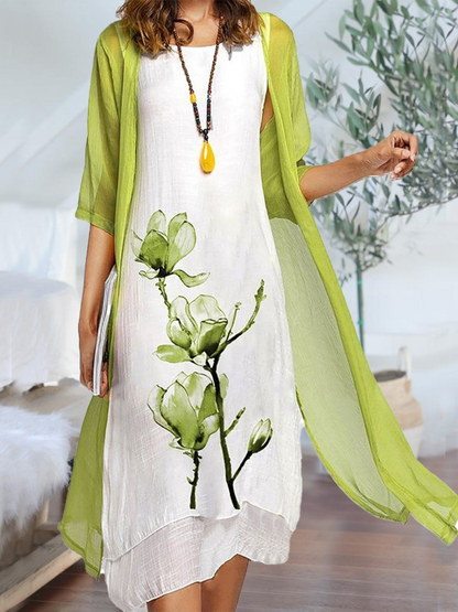 Petra | Women's Layered Sleeveless Midi Dress With Chiffon Cardigan Set