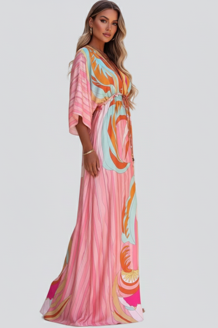 Jenny | Women's Printed Batwing Sleeve Summer Maxi Dress