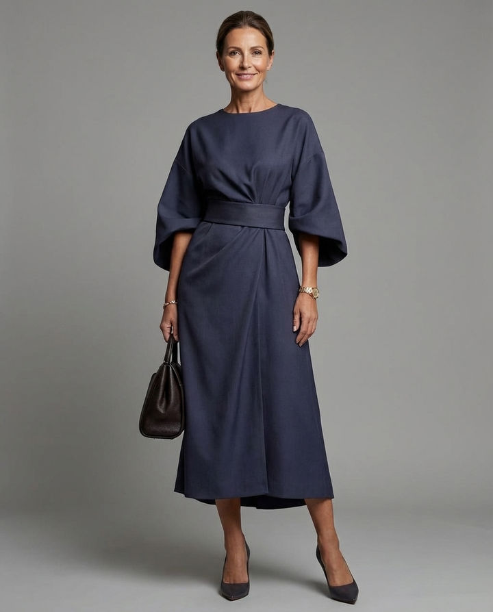 Rosalind | Women Elegant Midi Dress with Lantern Sleeves and Adjustable Waist Fit
