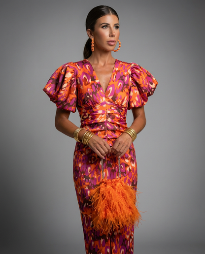 Cressida | Women Printed Midi Dress with Puff Sleeves and Tailored Waist