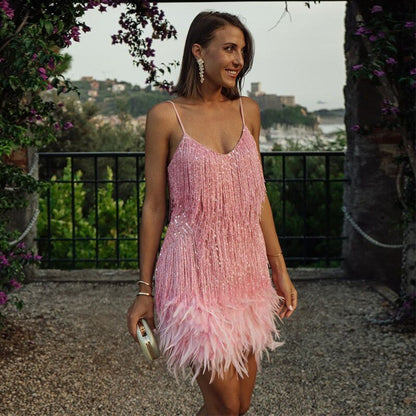 Uaine | Women's Festive Feather Cocktail Dress