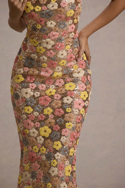Victoria | Women's Floral Glitter Bodycon Maxi Dress