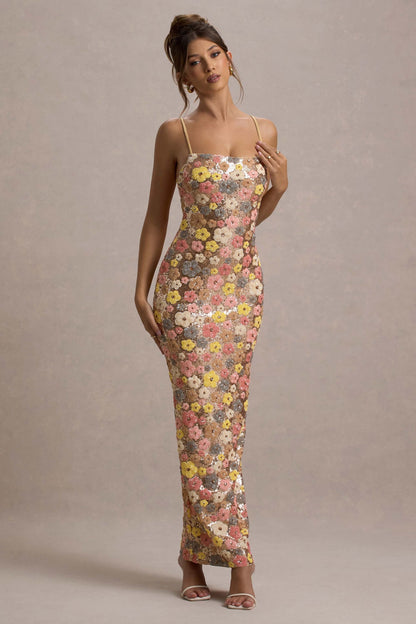 Victoria | Women's Floral Glitter Bodycon Maxi Dress
