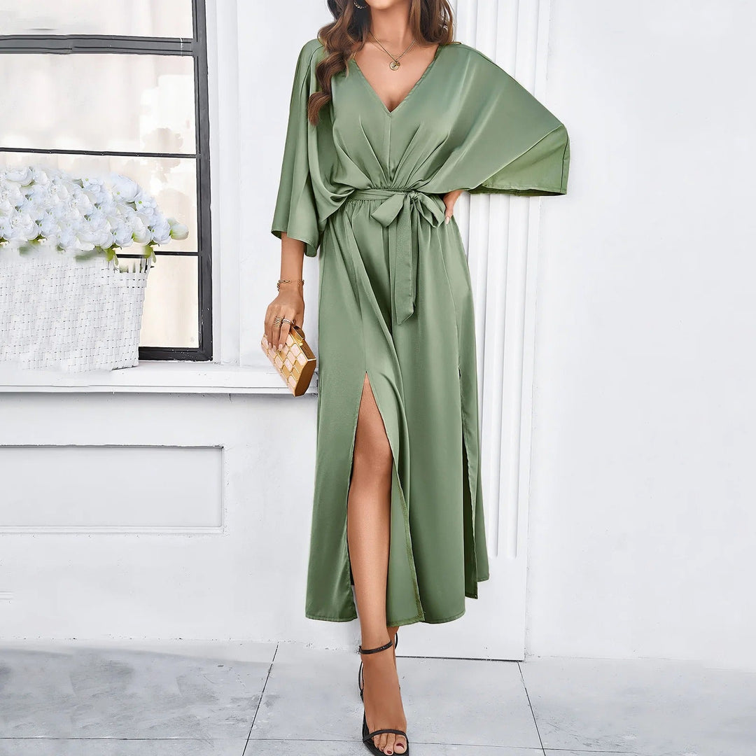Emina | Women's Elegant Satin Wrap Dress With Side Slit